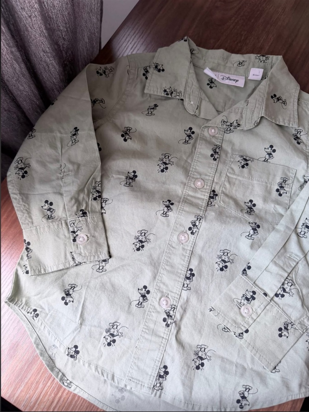 GAP - 2T -  Kids Light Olive Green Mickey Mouse Button-Up Shirt